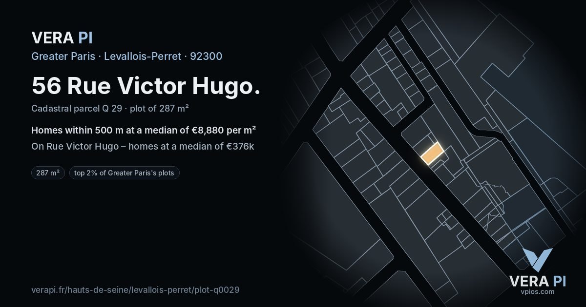 56 Rue Victor Hugo, Levallois-Perret at night – the plot lit, the parcels around coloured by the prices near them