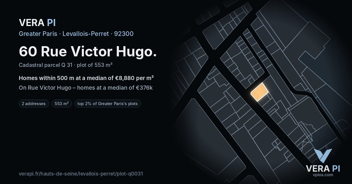 60 Rue Victor Hugo, Levallois-Perret at night – the plot lit, the parcels around coloured by the prices near them