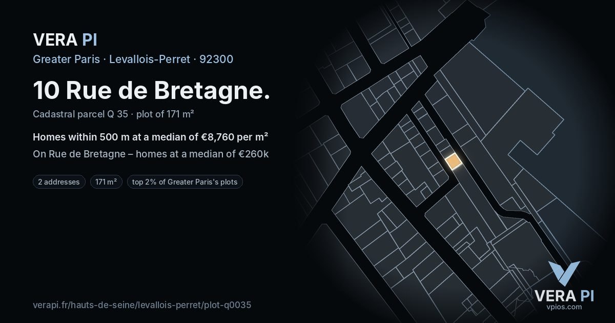 10 Rue de Bretagne, Levallois-Perret at night – the plot lit, the parcels around coloured by the prices near them