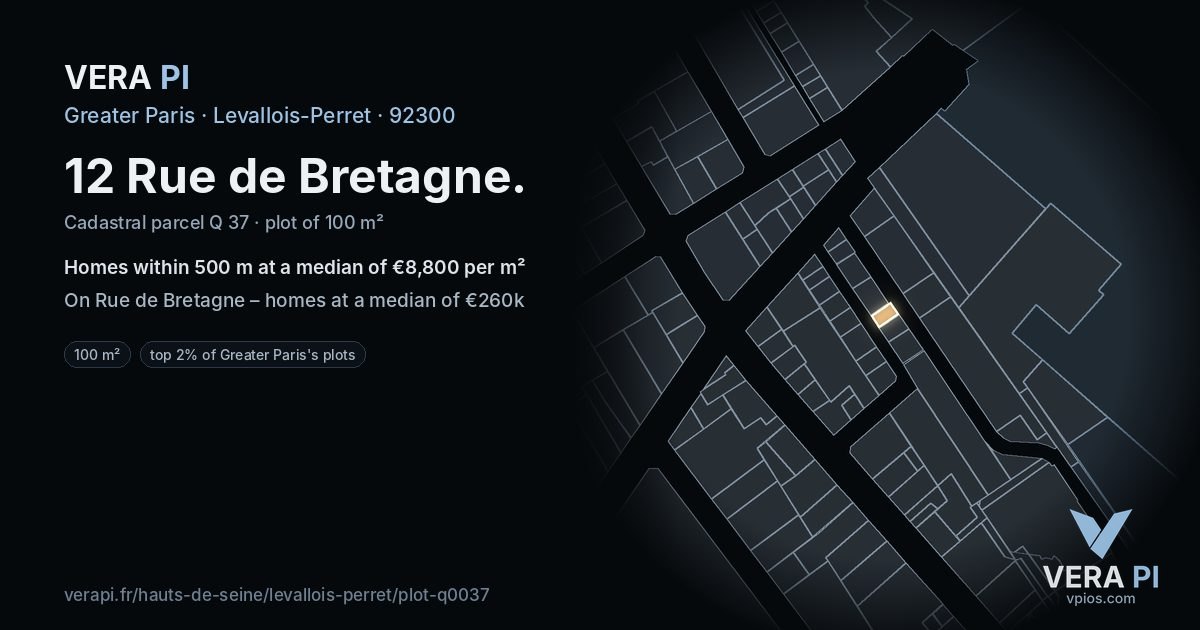 12 Rue de Bretagne, Levallois-Perret at night – the plot lit, the parcels around coloured by the prices near them