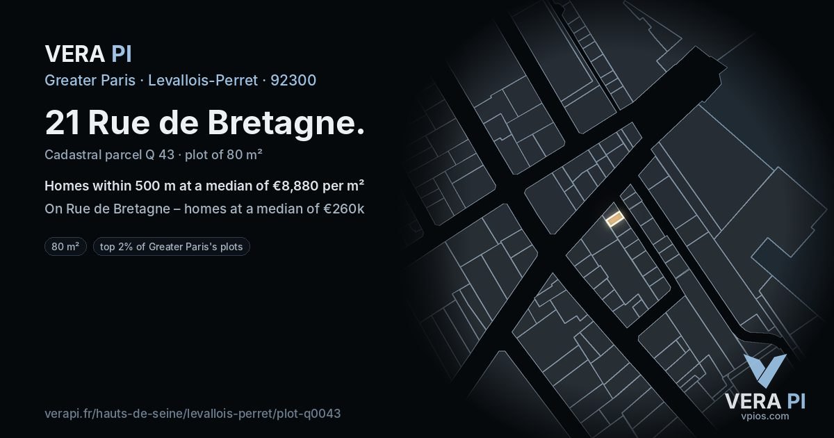 21 Rue de Bretagne, Levallois-Perret at night – the plot lit, the parcels around coloured by the prices near them