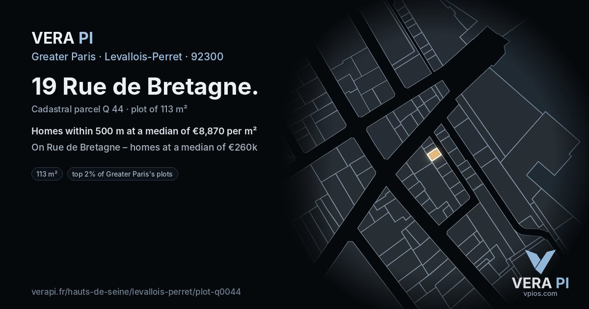 19 Rue de Bretagne, Levallois-Perret at night – the plot lit, the parcels around coloured by the prices near them