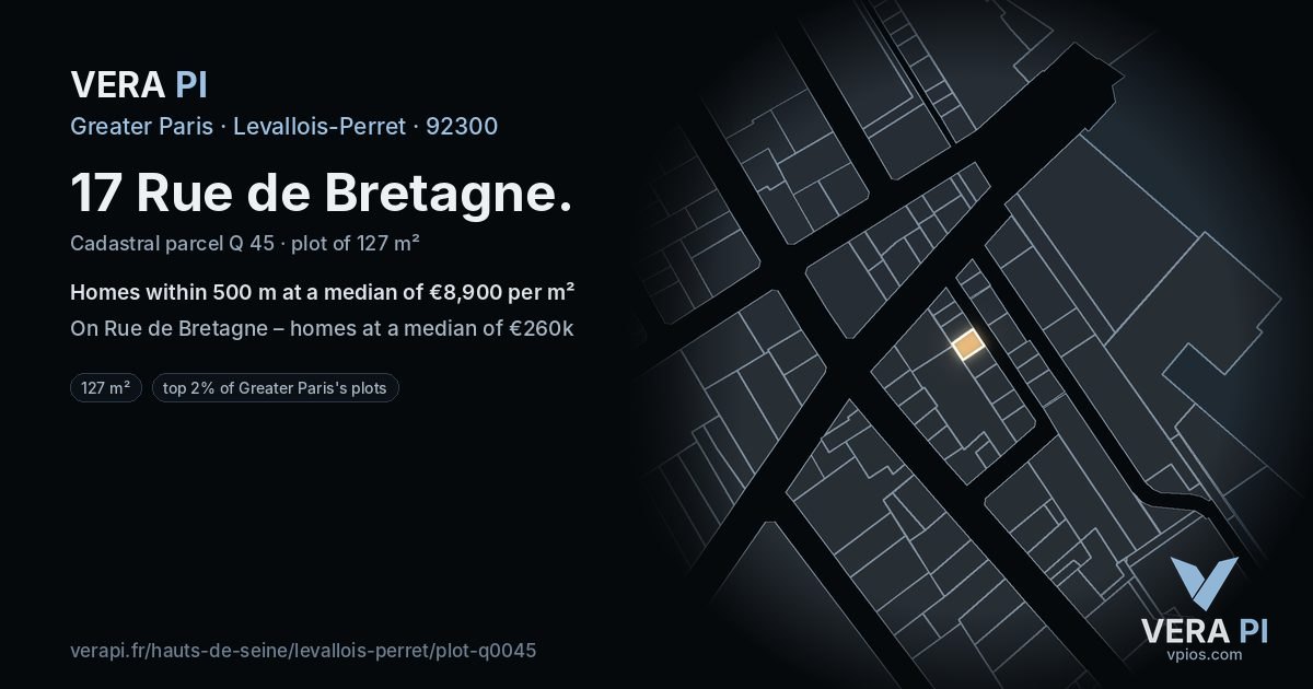 17 Rue de Bretagne, Levallois-Perret at night – the plot lit, the parcels around coloured by the prices near them