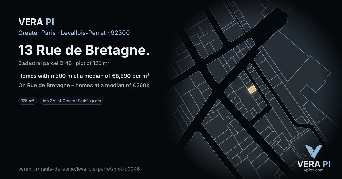 13 Rue de Bretagne, Levallois-Perret at night – the plot lit, the parcels around coloured by the prices near them