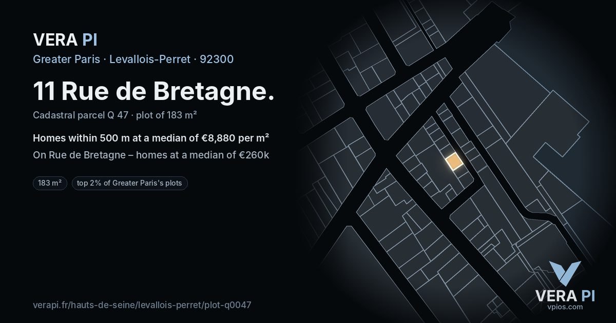 11 Rue de Bretagne, Levallois-Perret at night – the plot lit, the parcels around coloured by the prices near them