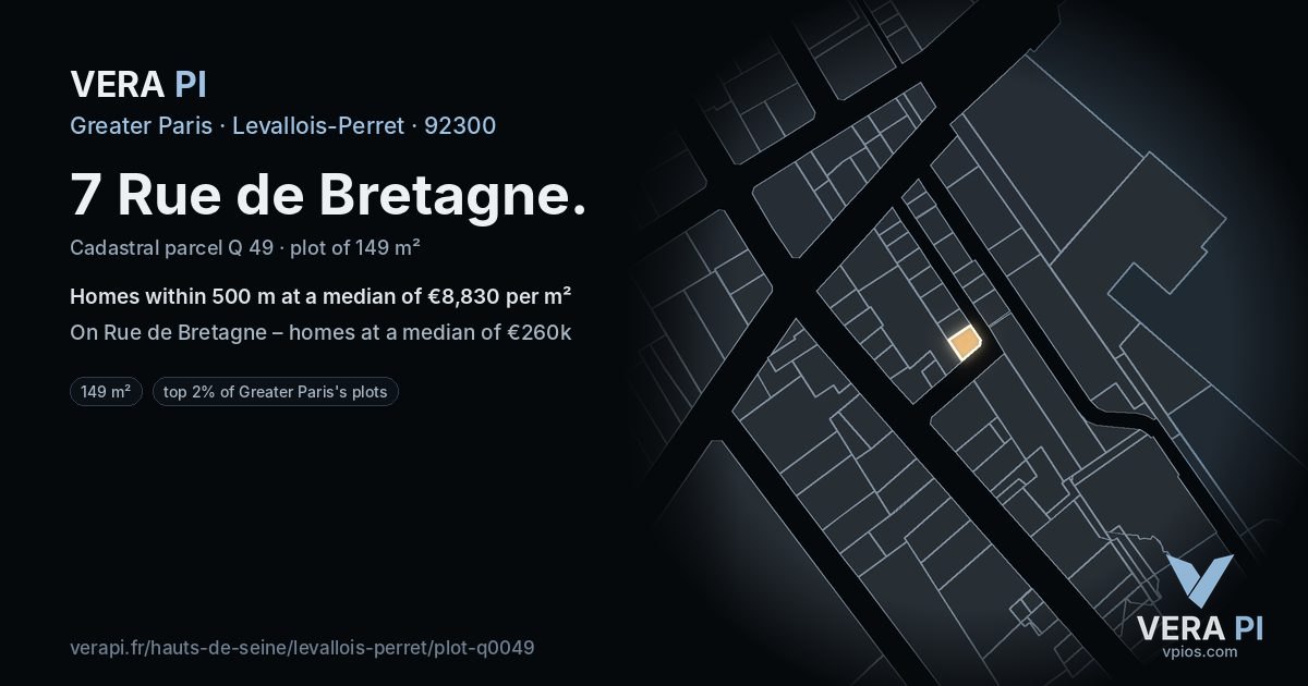 7 Rue de Bretagne, Levallois-Perret at night – the plot lit, the parcels around coloured by the prices near them