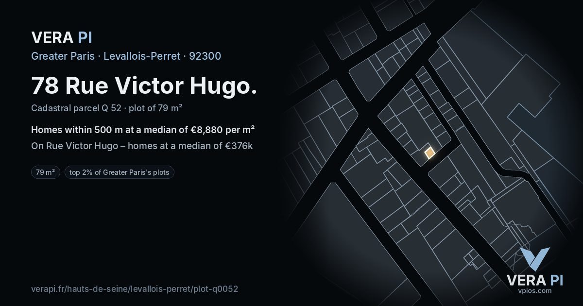 78 Rue Victor Hugo, Levallois-Perret at night – the plot lit, the parcels around coloured by the prices near them