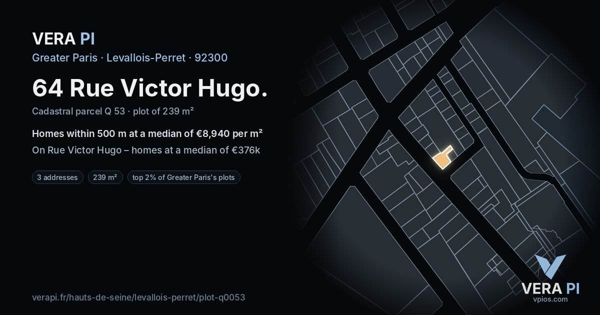 64 Rue Victor Hugo, Levallois-Perret at night – the plot lit, the parcels around coloured by the prices near them