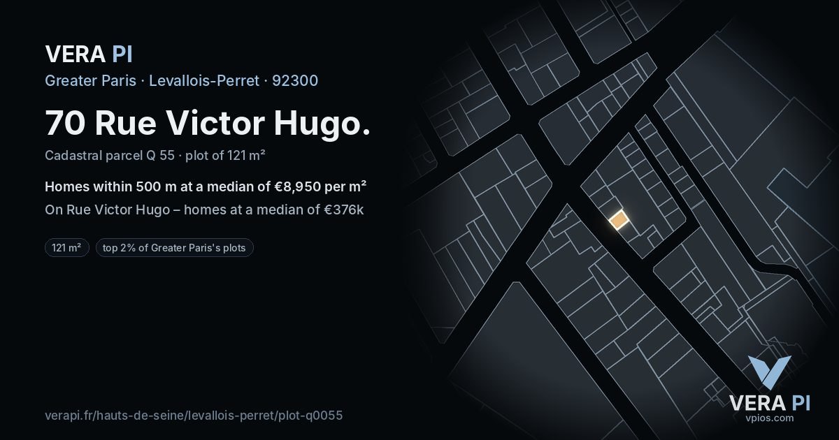 70 Rue Victor Hugo, Levallois-Perret at night – the plot lit, the parcels around coloured by the prices near them