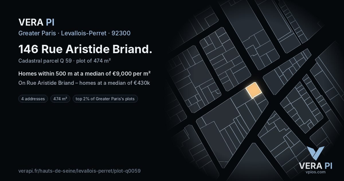 146 Rue Aristide Briand, Levallois-Perret at night – the plot lit, the parcels around coloured by the prices near them