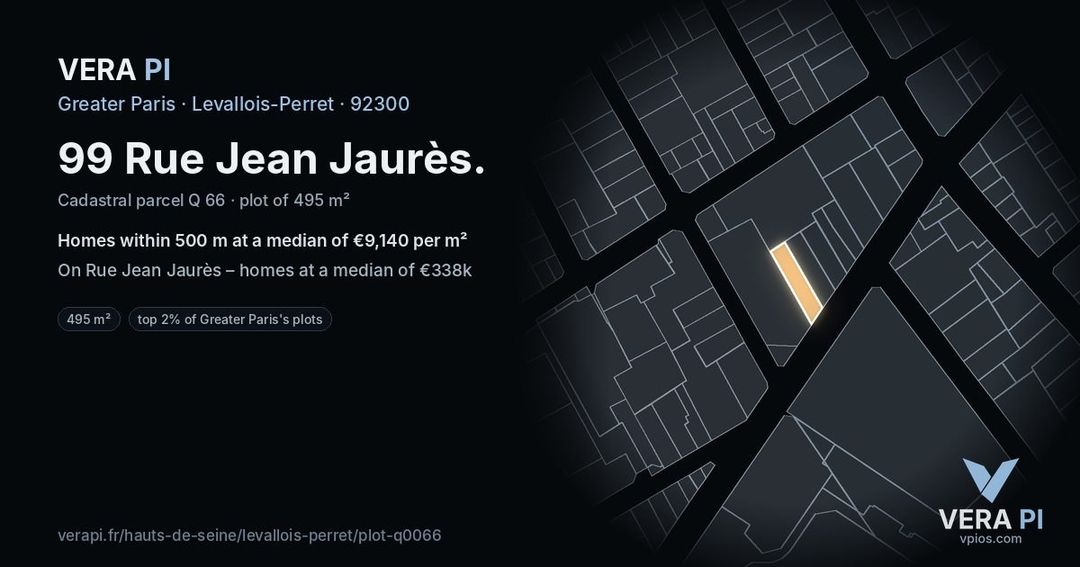 99 Rue Jean Jaurès, Levallois-Perret at night – the plot lit, the parcels around coloured by the prices near them