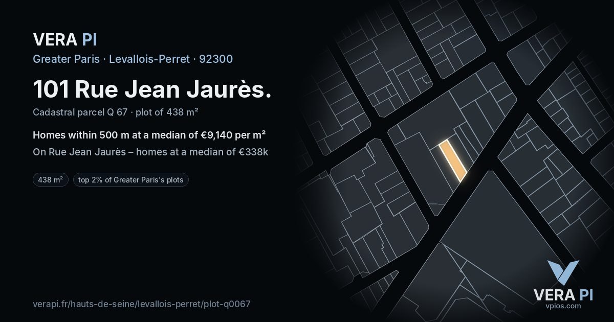 101 Rue Jean Jaurès, Levallois-Perret at night – the plot lit, the parcels around coloured by the prices near them