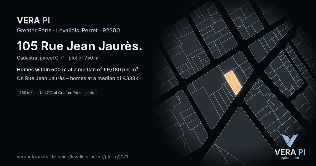 105 Rue Jean Jaurès, Levallois-Perret at night – the plot lit, the parcels around coloured by the prices near them