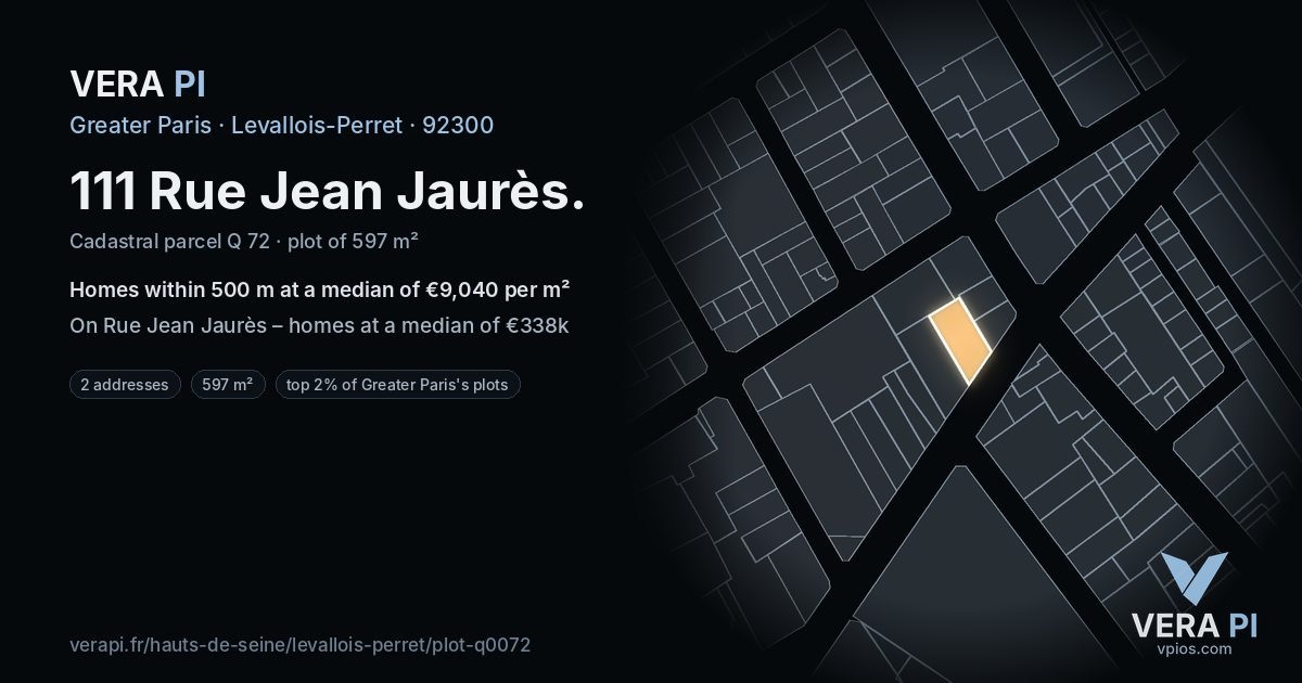 111 Rue Jean Jaurès, Levallois-Perret at night – the plot lit, the parcels around coloured by the prices near them