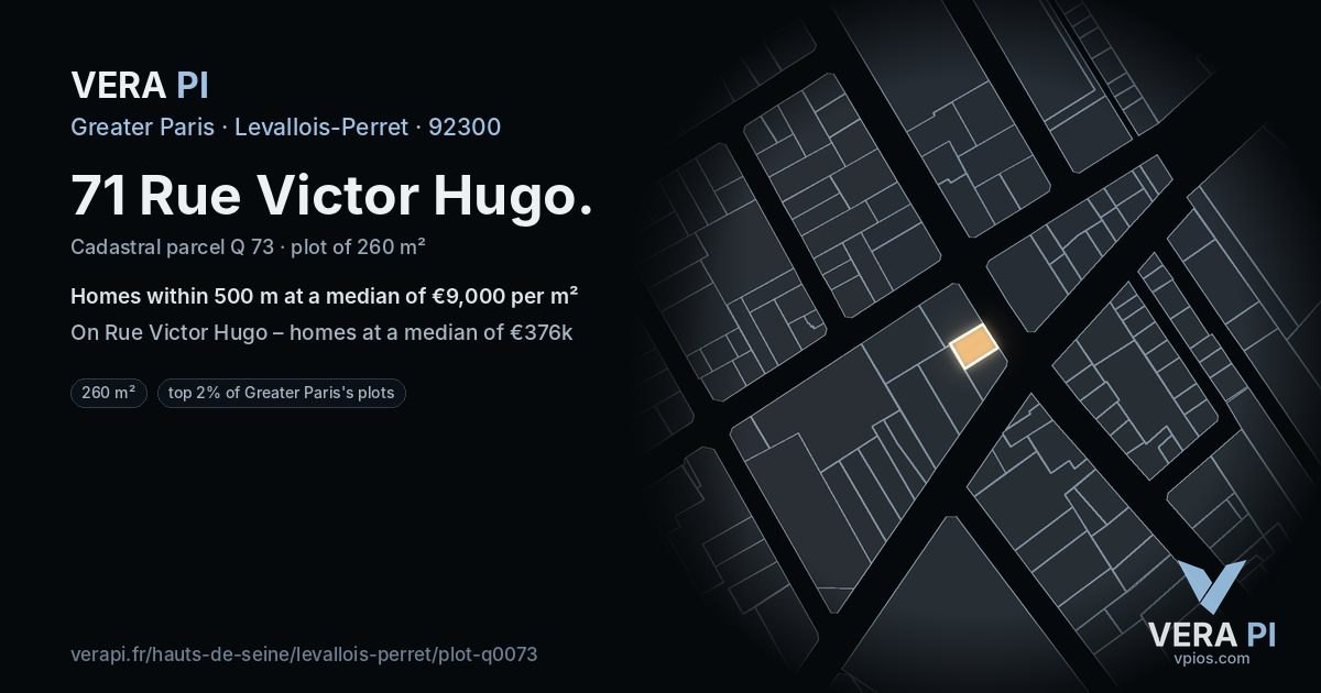 71 Rue Victor Hugo, Levallois-Perret at night – the plot lit, the parcels around coloured by the prices near them