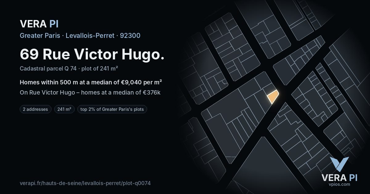 69 Rue Victor Hugo, Levallois-Perret at night – the plot lit, the parcels around coloured by the prices near them