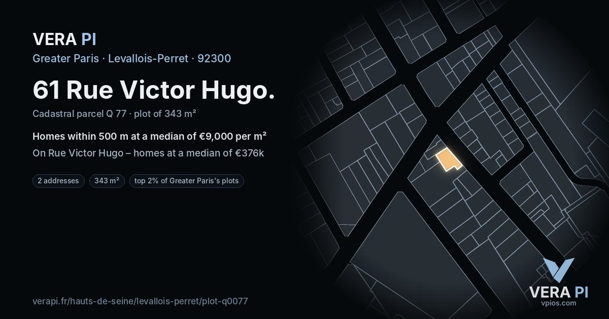 61 Rue Victor Hugo, Levallois-Perret at night – the plot lit, the parcels around coloured by the prices near them