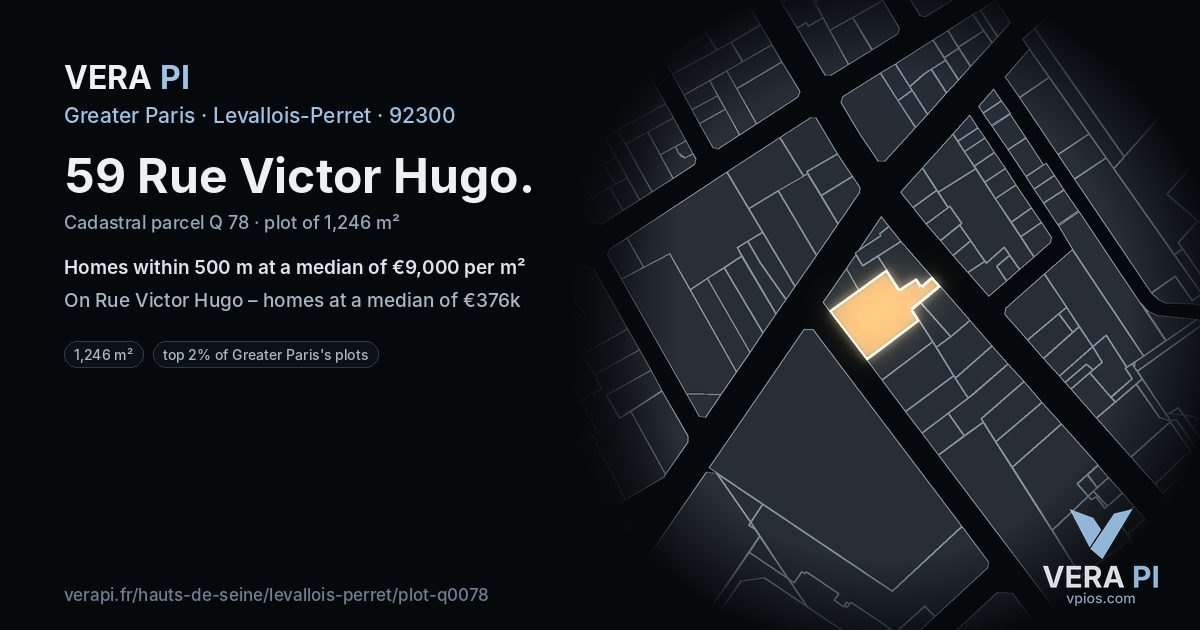 59 Rue Victor Hugo, Levallois-Perret at night – the plot lit, the parcels around coloured by the prices near them