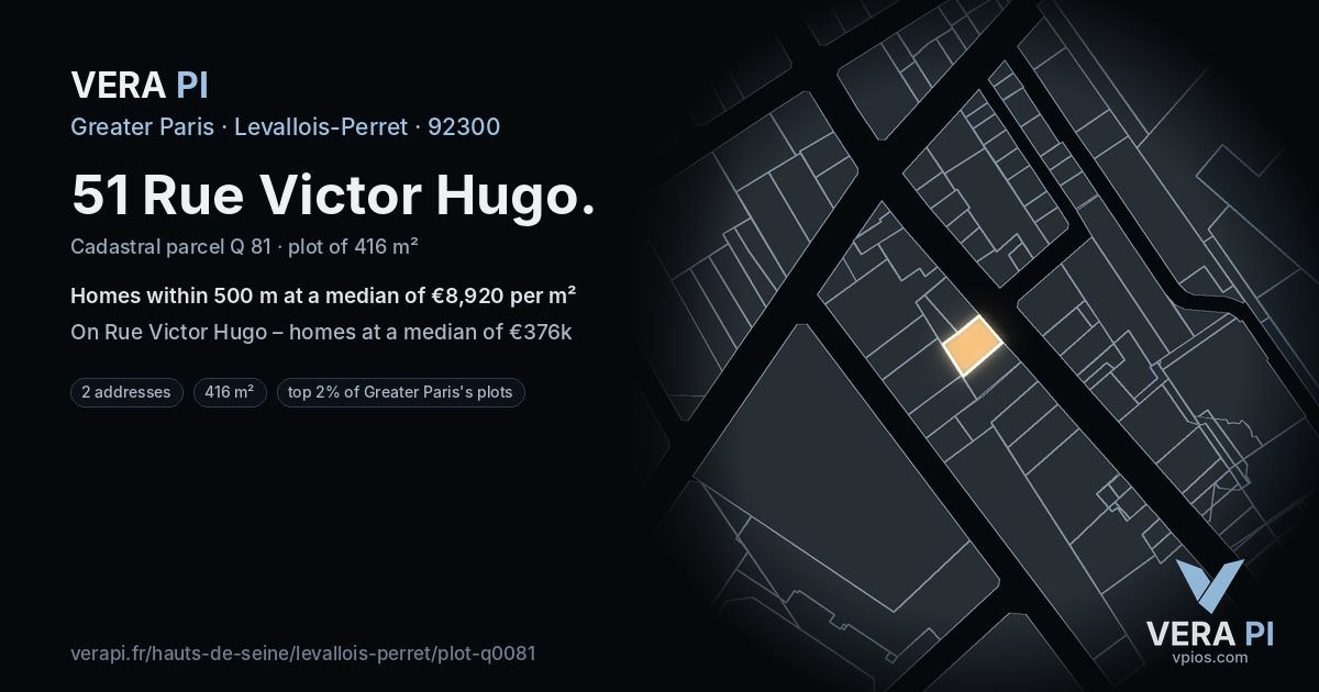 51 Rue Victor Hugo, Levallois-Perret at night – the plot lit, the parcels around coloured by the prices near them