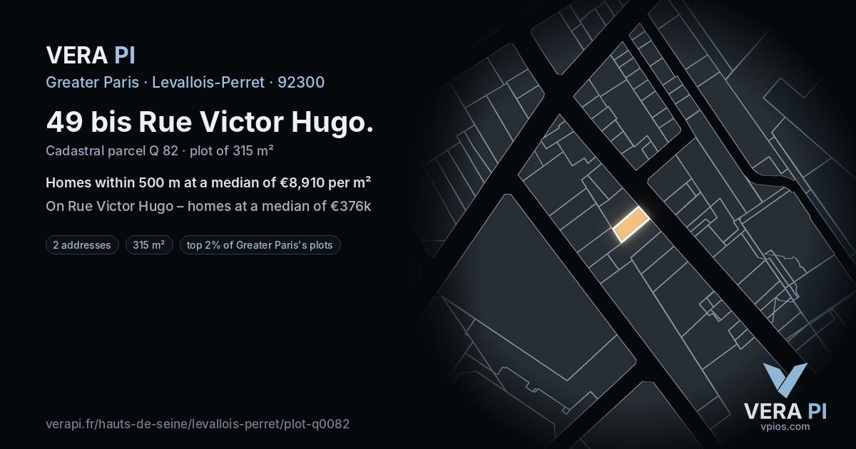 49 bis Rue Victor Hugo, Levallois-Perret at night – the plot lit, the parcels around coloured by the prices near them