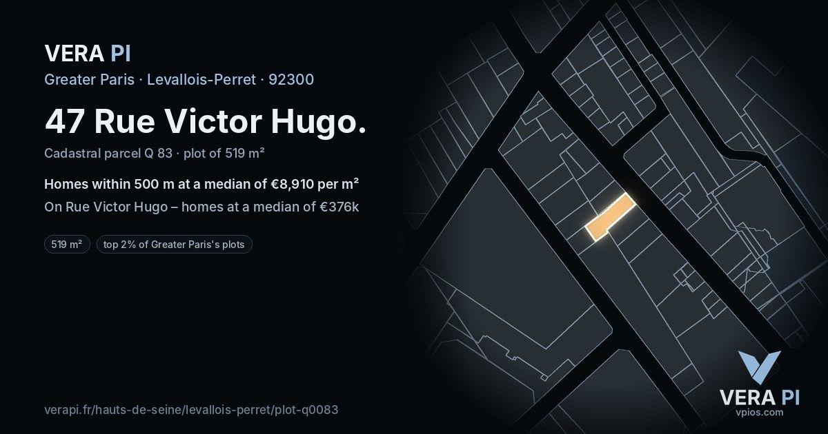 47 Rue Victor Hugo, Levallois-Perret at night – the plot lit, the parcels around coloured by the prices near them