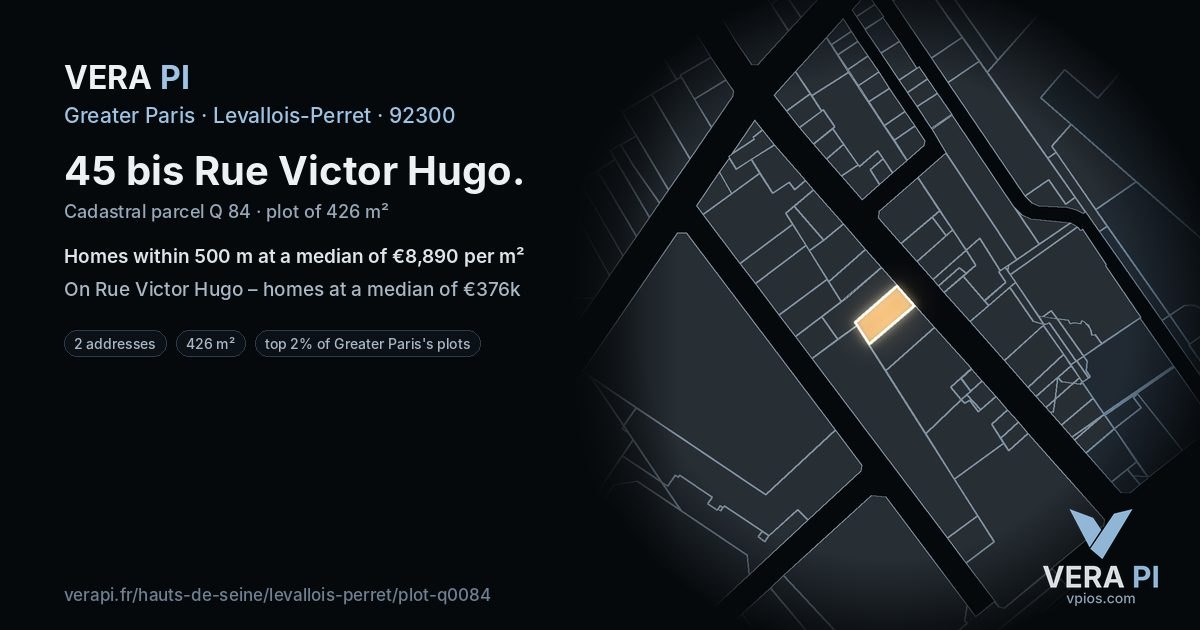 45 bis Rue Victor Hugo, Levallois-Perret at night – the plot lit, the parcels around coloured by the prices near them