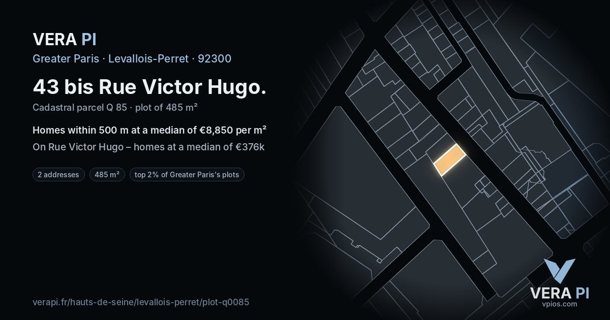 43 bis Rue Victor Hugo, Levallois-Perret at night – the plot lit, the parcels around coloured by the prices near them