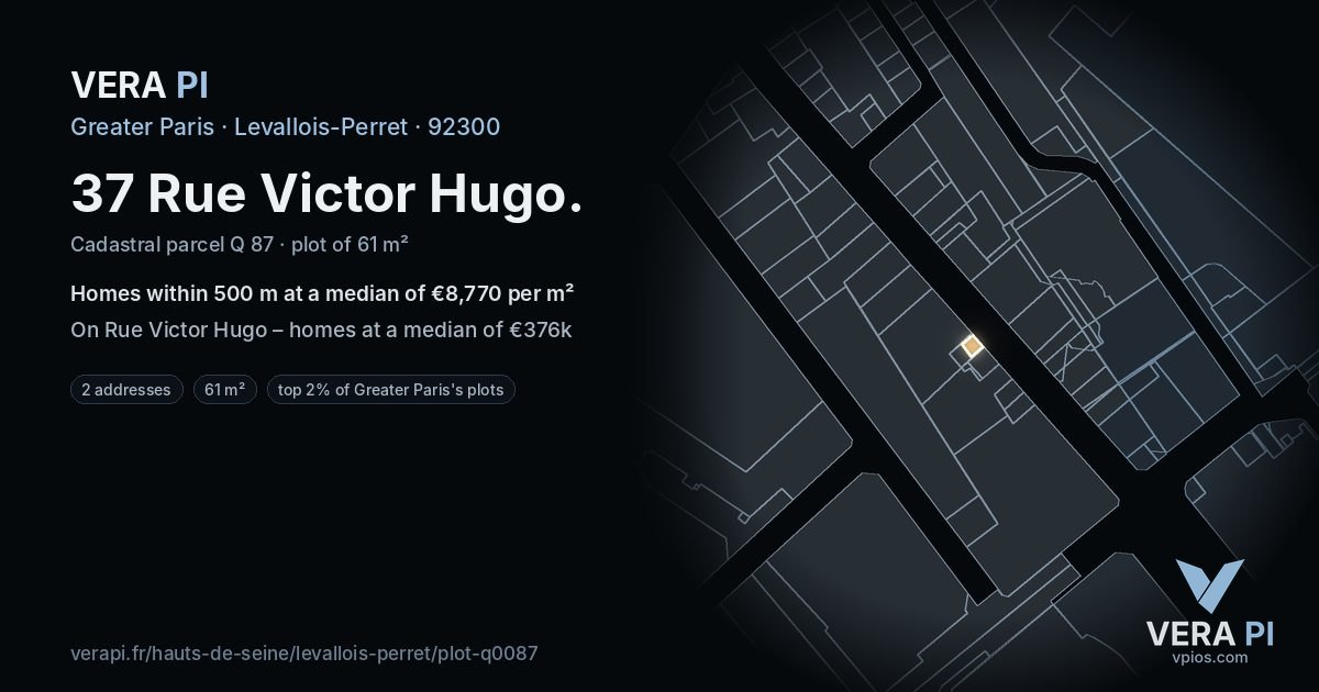 37 Rue Victor Hugo, Levallois-Perret at night – the plot lit, the parcels around coloured by the prices near them