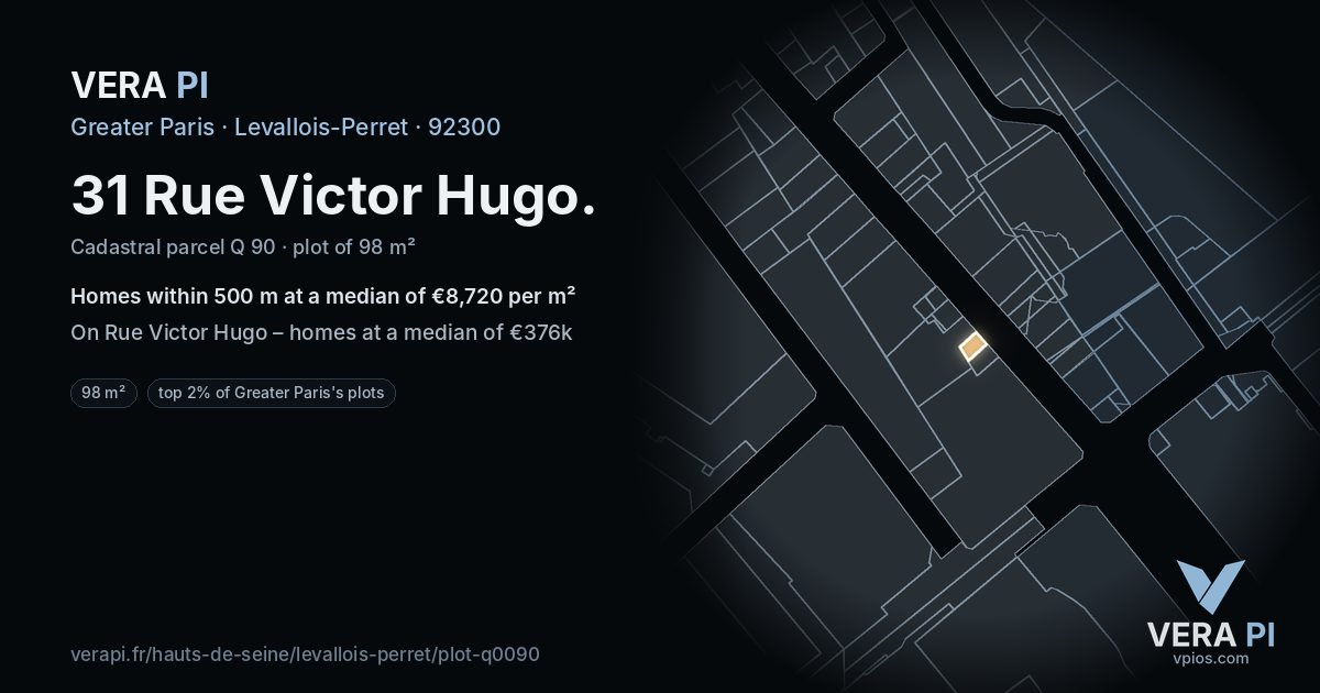 31 Rue Victor Hugo, Levallois-Perret at night – the plot lit, the parcels around coloured by the prices near them