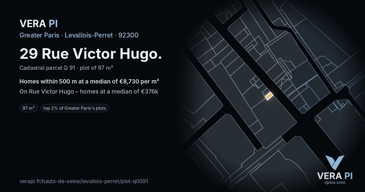 29 Rue Victor Hugo, Levallois-Perret at night – the plot lit, the parcels around coloured by the prices near them