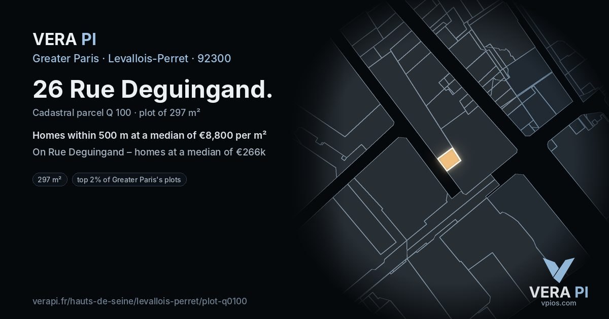 26 Rue Deguingand, Levallois-Perret at night – the plot lit, the parcels around coloured by the prices near them