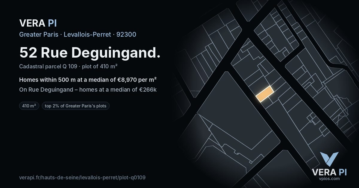 52 Rue Deguingand, Levallois-Perret at night – the plot lit, the parcels around coloured by the prices near them