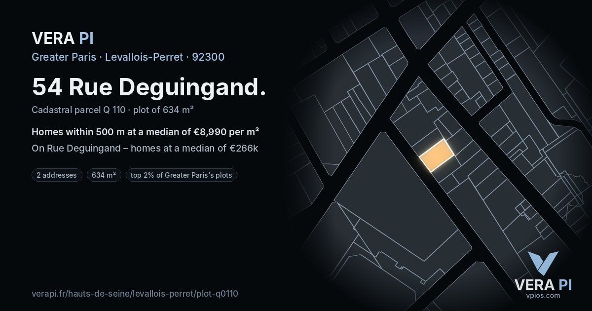 54 Rue Deguingand, Levallois-Perret at night – the plot lit, the parcels around coloured by the prices near them