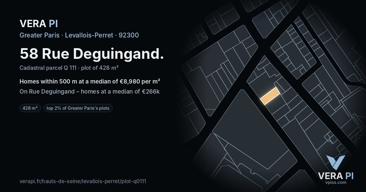 58 Rue Deguingand, Levallois-Perret at night – the plot lit, the parcels around coloured by the prices near them