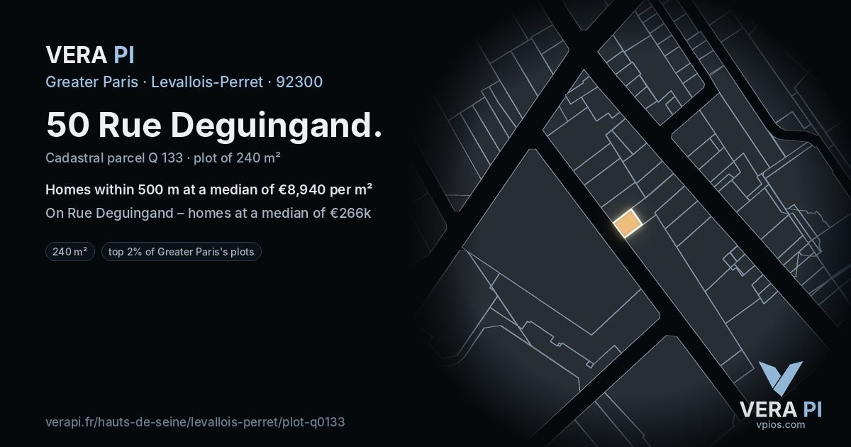 50 Rue Deguingand, Levallois-Perret at night – the plot lit, the parcels around coloured by the prices near them