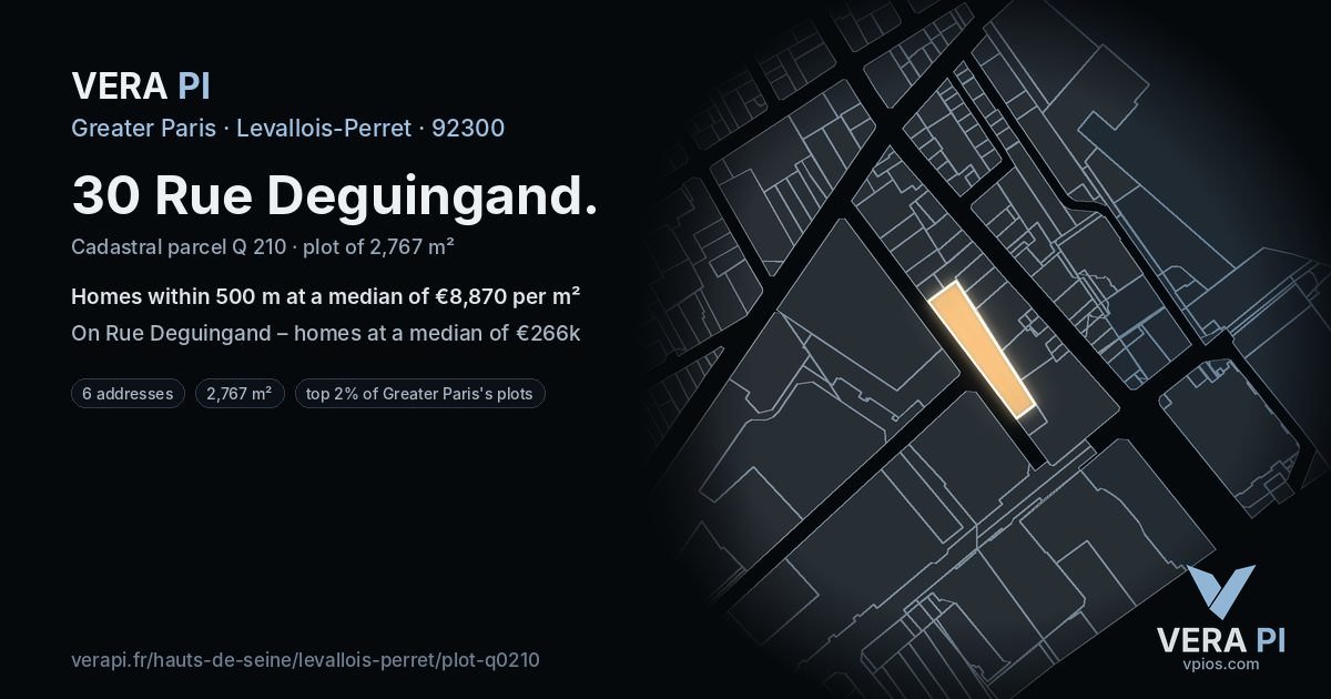 30 Rue Deguingand, Levallois-Perret at night – the plot lit, the parcels around coloured by the prices near them