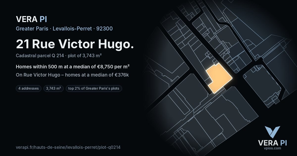 21 Rue Victor Hugo, Levallois-Perret at night – the plot lit, the parcels around coloured by the prices near them