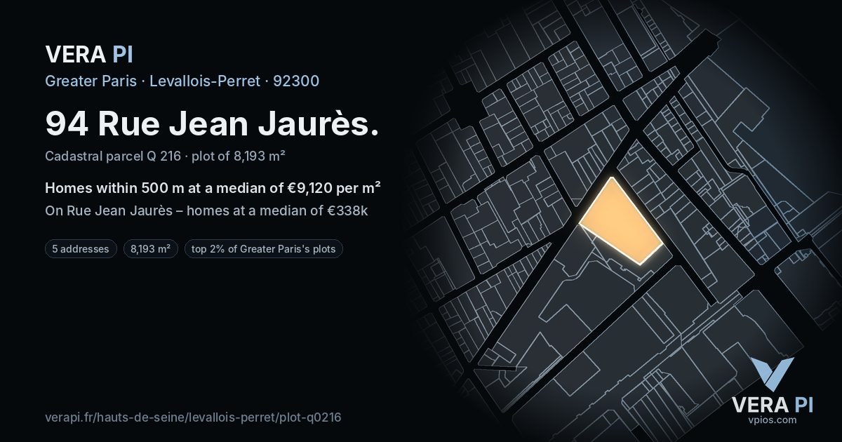 94 Rue Jean Jaurès, Levallois-Perret at night – the plot lit, the parcels around coloured by the prices near them