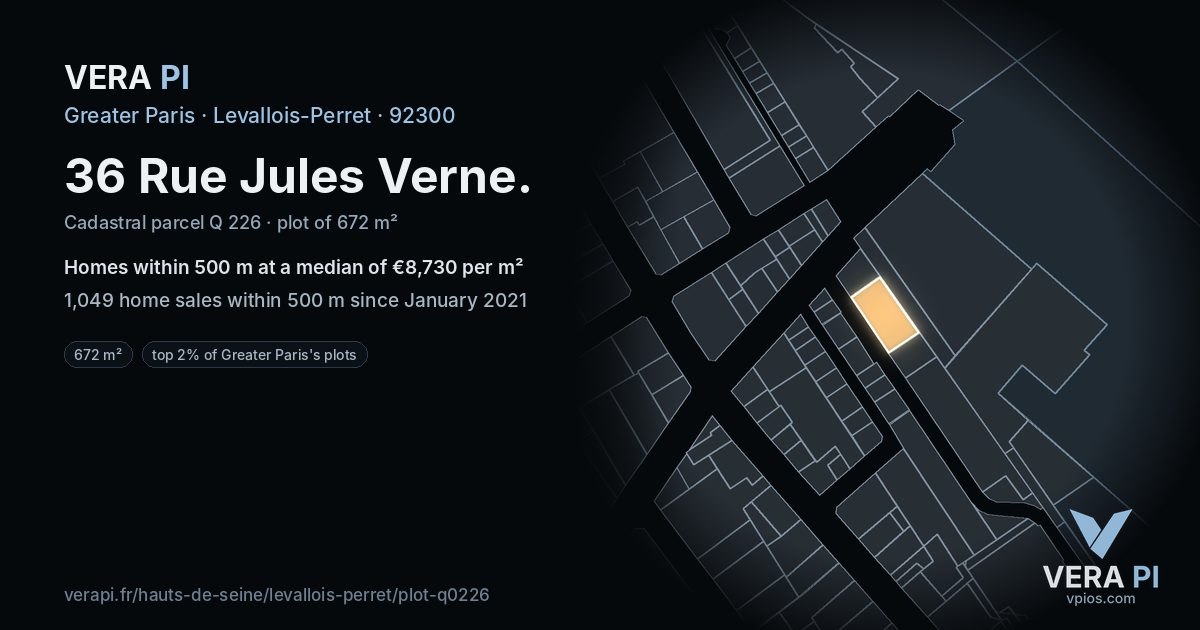 36 Rue Jules Verne, Levallois-Perret at night – the plot lit, the parcels around coloured by the prices near them