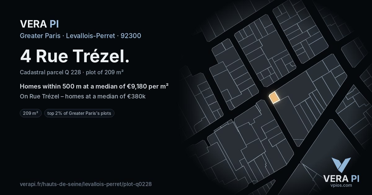 4 Rue Trézel, Levallois-Perret at night – the plot lit, the parcels around coloured by the prices near them