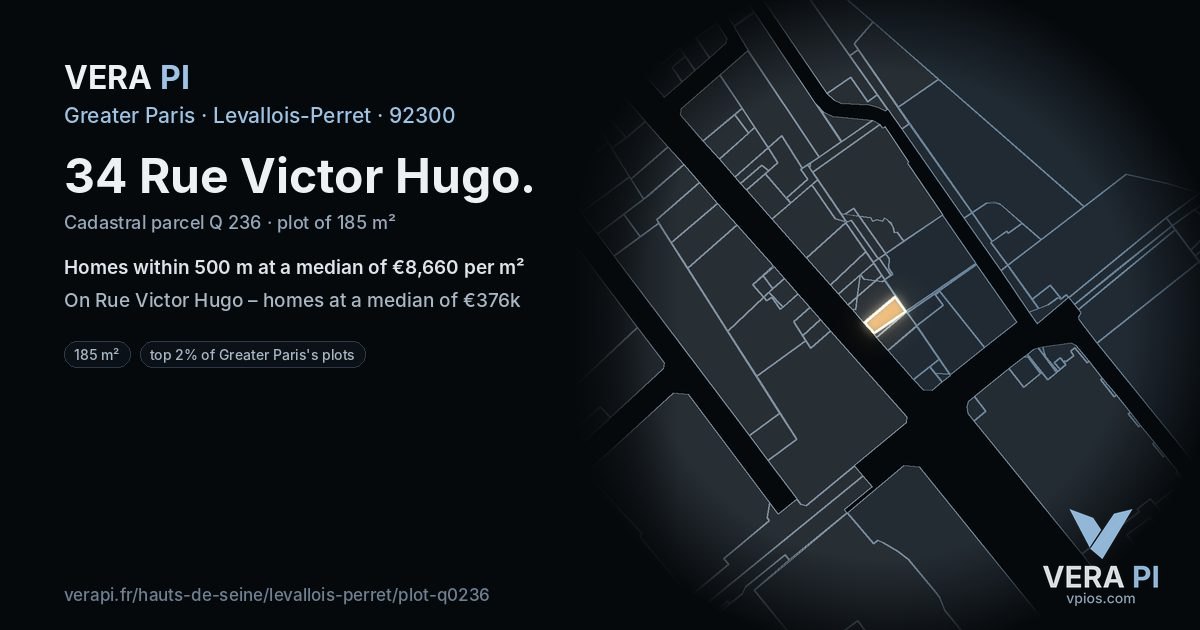 34 Rue Victor Hugo, Levallois-Perret at night – the plot lit, the parcels around coloured by the prices near them