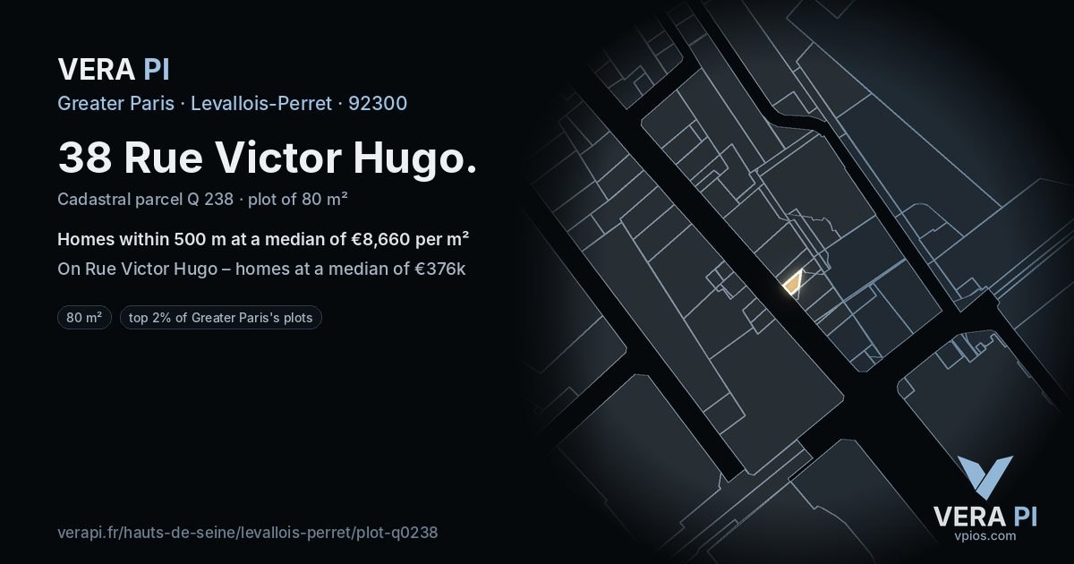 38 Rue Victor Hugo, Levallois-Perret at night – the plot lit, the parcels around coloured by the prices near them