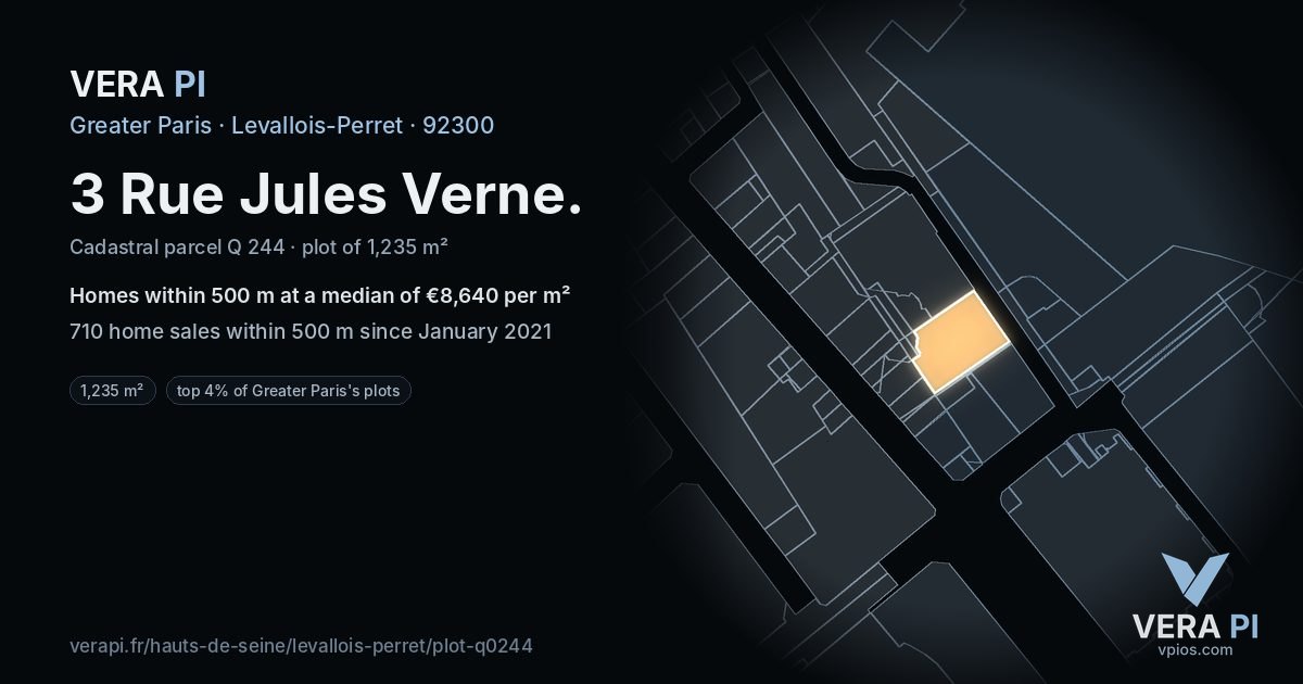 3 Rue Jules Verne, Levallois-Perret at night – the plot lit, the parcels around coloured by the prices near them