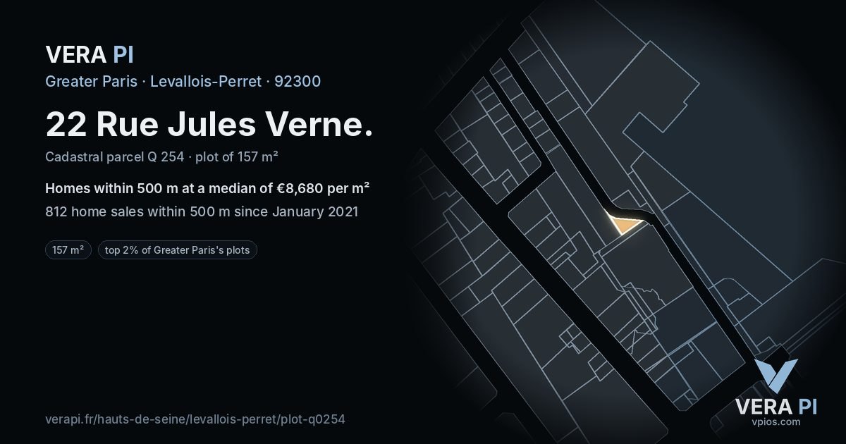22 Rue Jules Verne, Levallois-Perret at night – the plot lit, the parcels around coloured by the prices near them