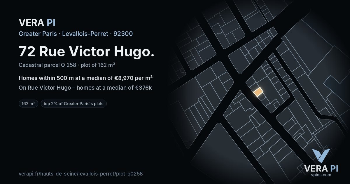 72 Rue Victor Hugo, Levallois-Perret at night – the plot lit, the parcels around coloured by the prices near them