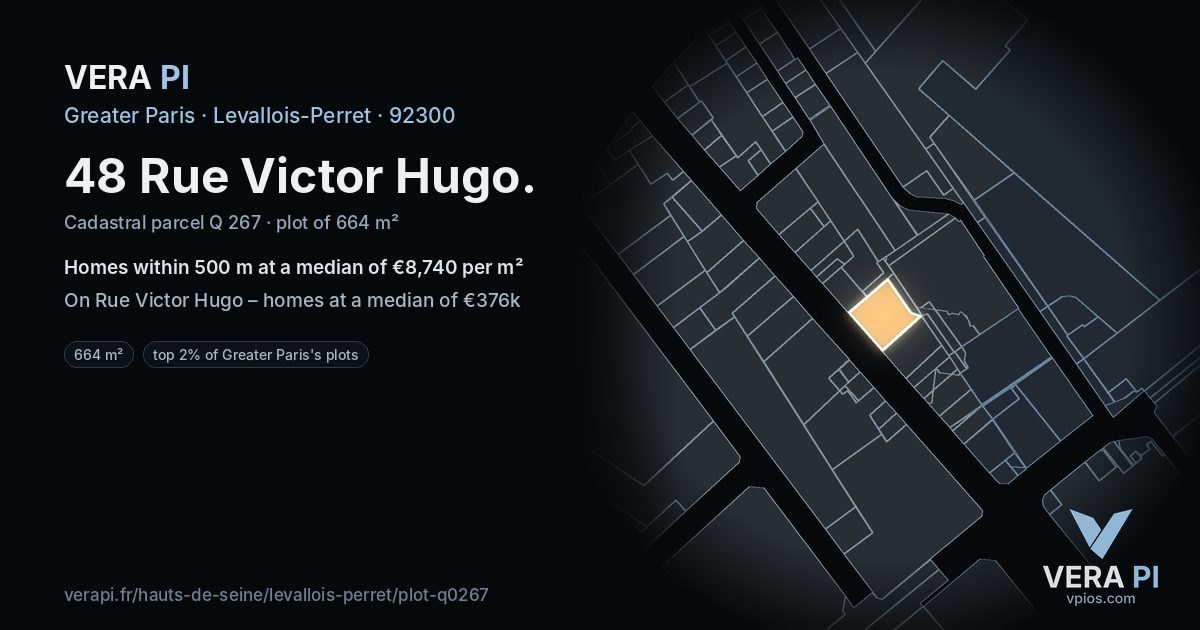48 Rue Victor Hugo, Levallois-Perret at night – the plot lit, the parcels around coloured by the prices near them