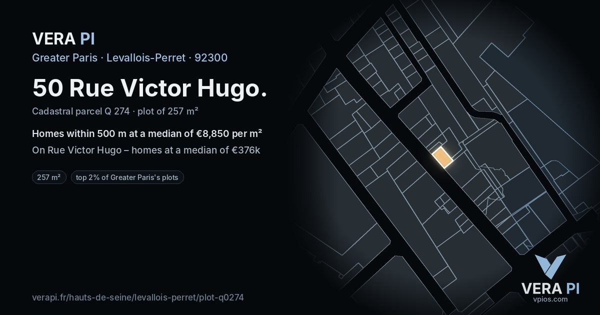 50 Rue Victor Hugo, Levallois-Perret at night – the plot lit, the parcels around coloured by the prices near them