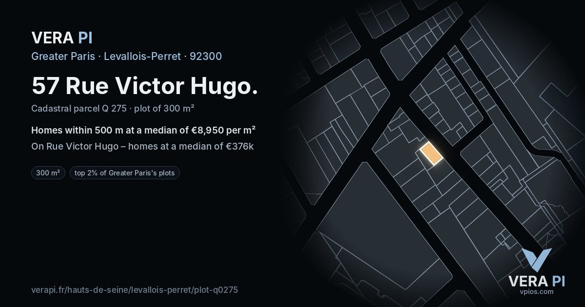 57 Rue Victor Hugo, Levallois-Perret at night – the plot lit, the parcels around coloured by the prices near them