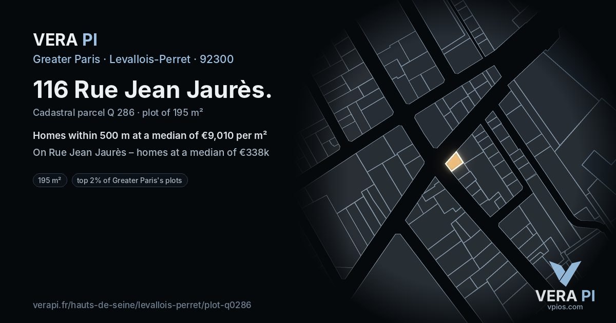 116 Rue Jean Jaurès, Levallois-Perret at night – the plot lit, the parcels around coloured by the prices near them