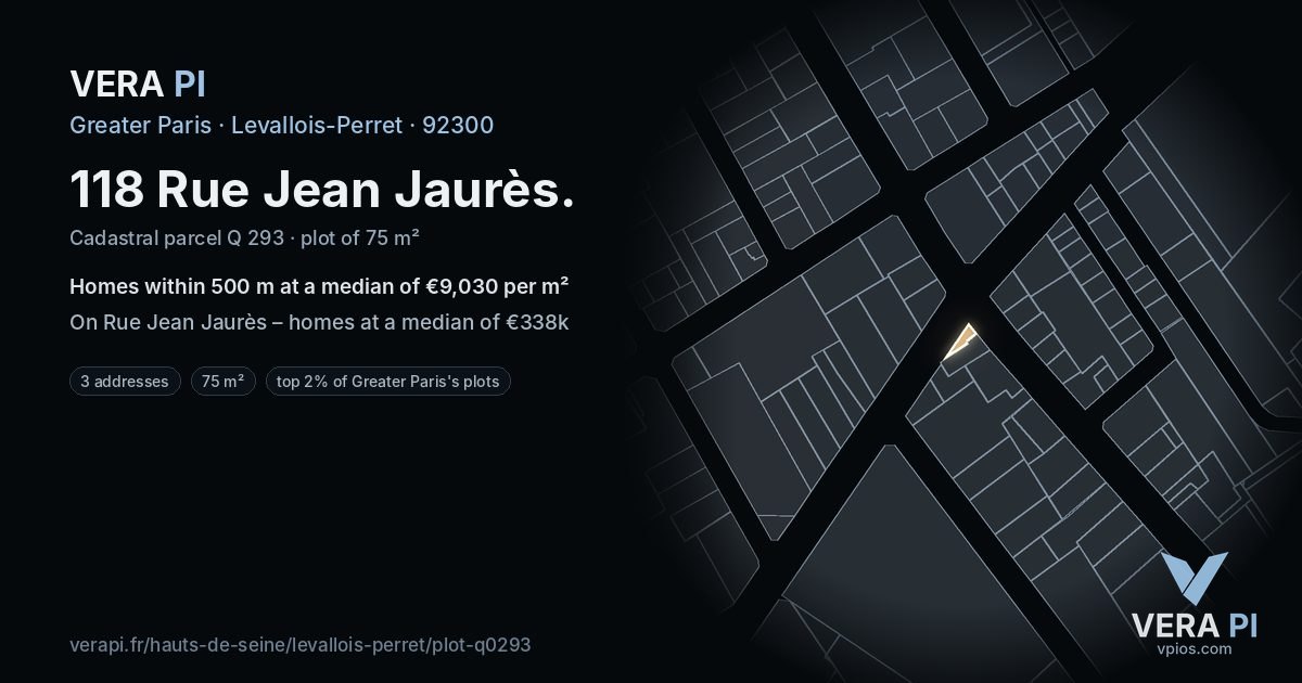 118 Rue Jean Jaurès, Levallois-Perret at night – the plot lit, the parcels around coloured by the prices near them